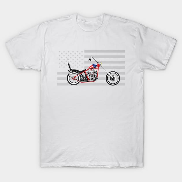 Illustrated American Chopper Motorcycle Low Rider with Grey American Flag as Background T-Shirt by ActivLife